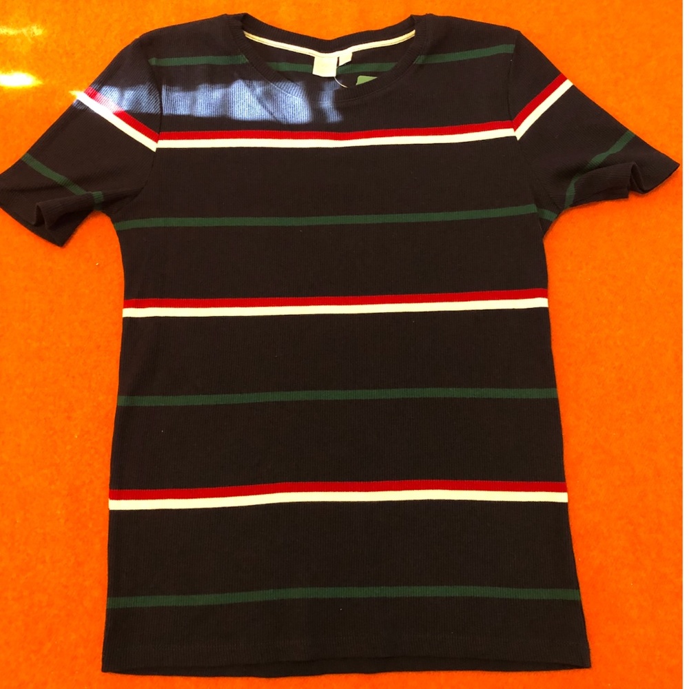 Retro dark blue, green, red and  white stripe tee NWT